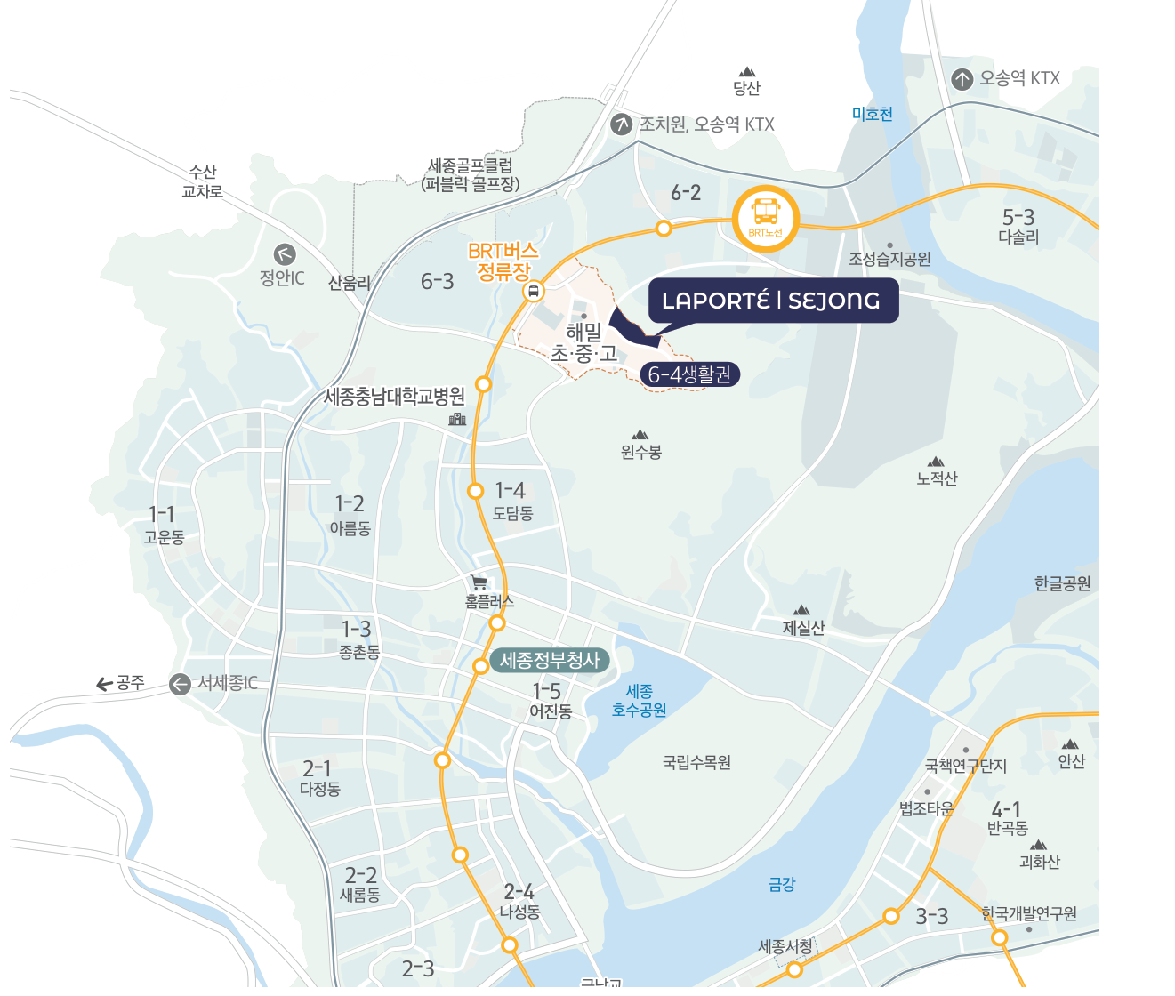 라포르테 세종과 BRT 정류장, 학교, 공원 및 주변 생활권을 표시한 입지 지도